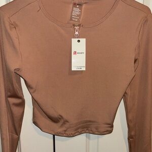 Stylish Tan Long Sleeve Zip-Up Crop Top